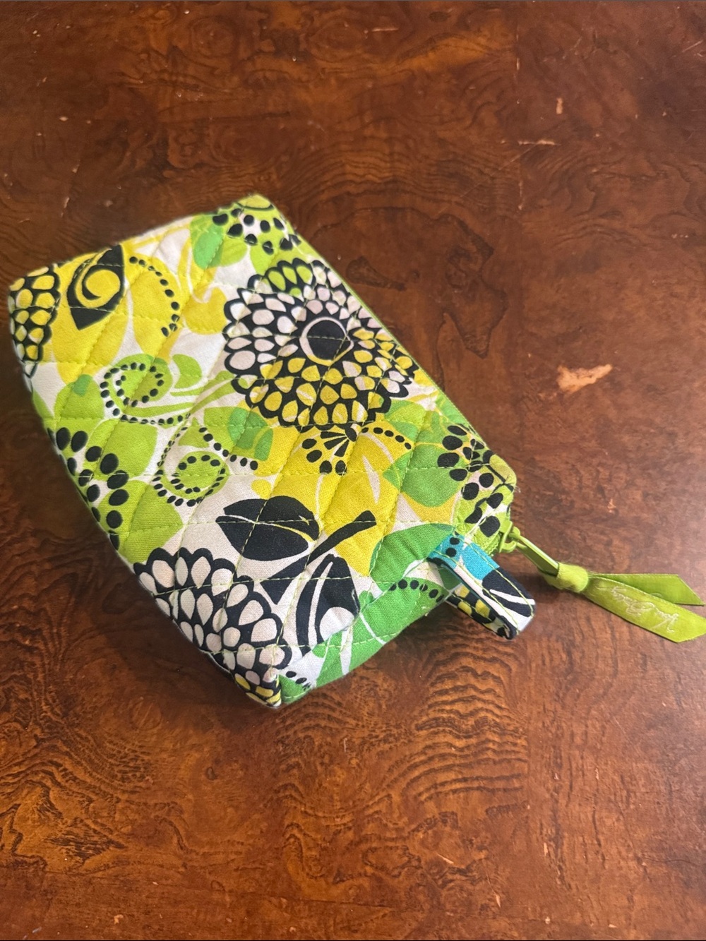 Green Floral Quilted Cosmetic Pouch